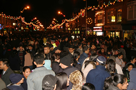 Crowds dispersing after the switching-on of the Diwali lights at Belgrave Gate, in the heart of Leicester's Asian community , Leicester, Leicestershire. Additional Credit Leicestershire PR - Credit - Britainonview - Andy Ward