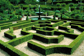 A foot maze and fountain in the landscaped gardens of Hatfield House in Hertfordshire